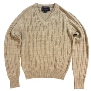 Youngbloods Mens Vintage V-Neck Cable Knit Sweater Tan Beige Acrylic Small